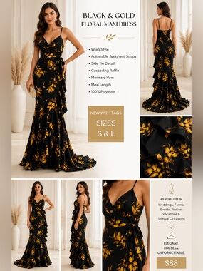 Black & Gold Floral Wrap Maxi Dress with Spaghetti Straps
